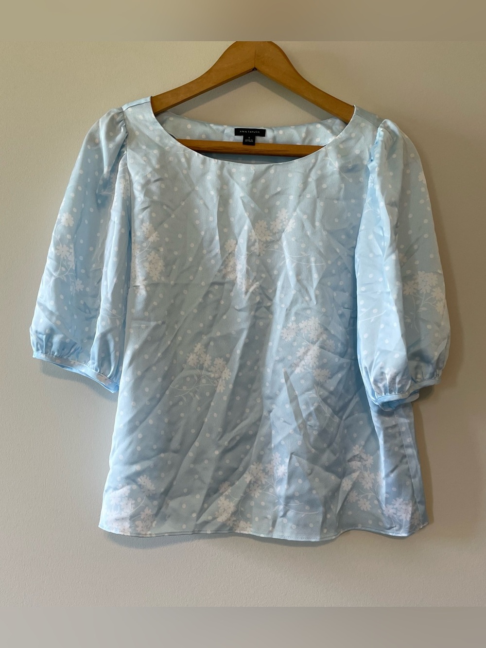 Silky Polka Dot Top Size Small Light Blue Floral Puffed Sleeve